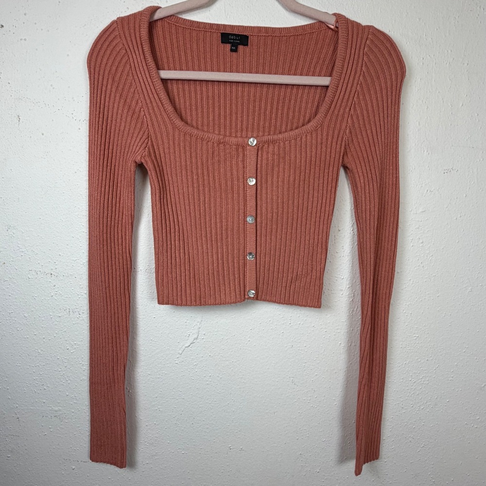 Debut M/L Ribbed Knit Cropped Cardigan Square Neck Y2K Indie Terracotta Top